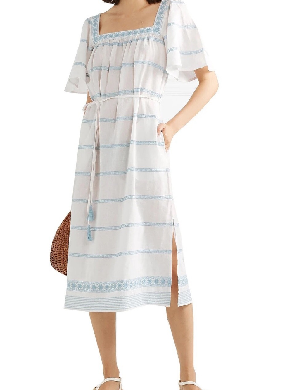 Tory Burch Embroidered Linen Cotton Midi Dress